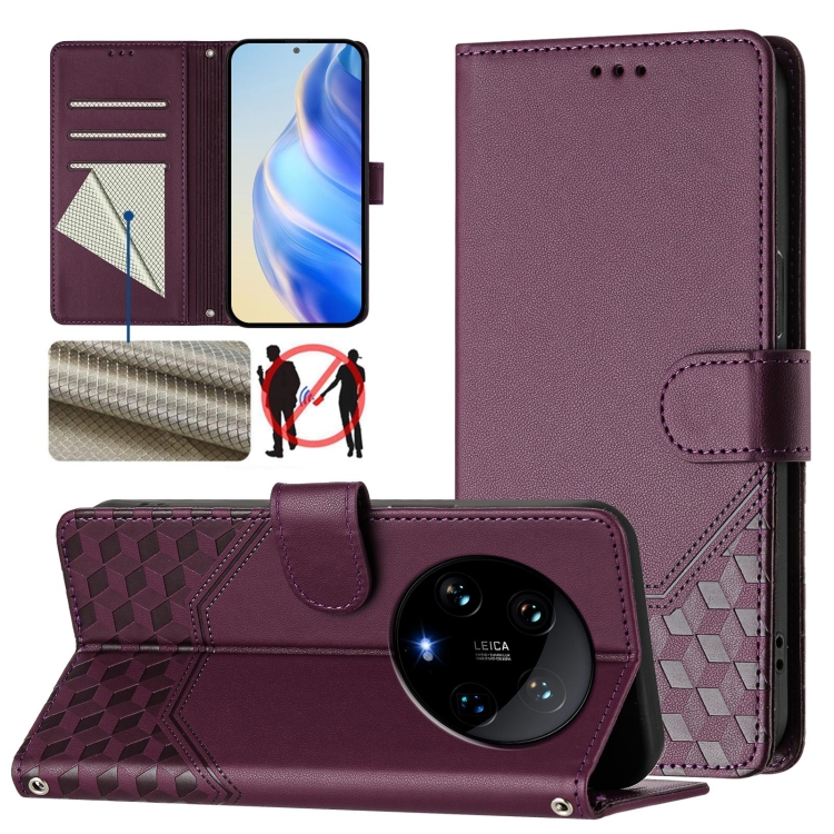 

For Xiaomi 14 Ultra 5G Honeycomb Embossing RFID Leather Phone Case(Violet)