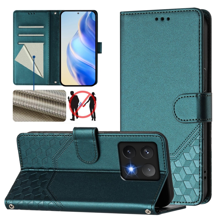 

For Xiaomi 14T Honeycomb Embossing RFID Leather Phone Case(Peacock Green)