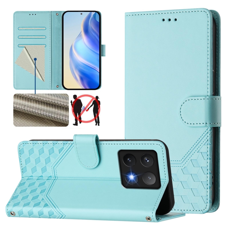 

For Xiaomi 14T Pro Honeycomb Embossing RFID Leather Phone Case(Mint Green)