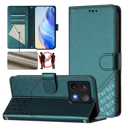 

For Xiaomi 14T Pro Honeycomb Embossing RFID Leather Phone Case(Peacock Green)