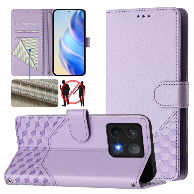 

For Xiaomi 14T Pro Honeycomb Embossing RFID Leather Phone Case(Light Purple)