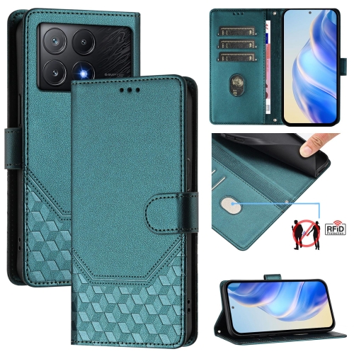 

For Xiaomi Poco X6 Pro / Redmi K70E Honeycomb Embossing RFID Leather Phone Case(Peacock Green)