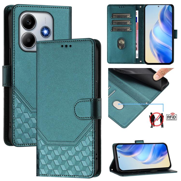 

For Xiaomi Poco M7 Pro 5G Honeycomb Embossing RFID Leather Phone Case(Peacock Green)