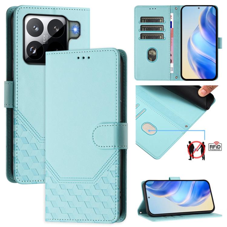 

For Xiaomi 15S Pro 5G Honeycomb Embossing RFID Leather Phone Case(Mint Green)