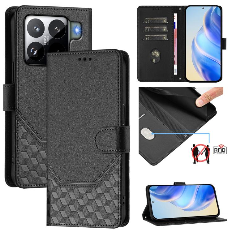 

For Xiaomi 15S Pro 5G Honeycomb Embossing RFID Leather Phone Case(Black)