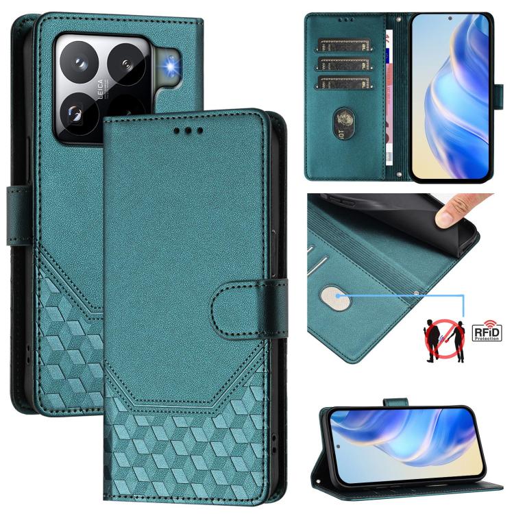

For Xiaomi 15S Pro 5G Honeycomb Embossing RFID Leather Phone Case(Peacock Green)