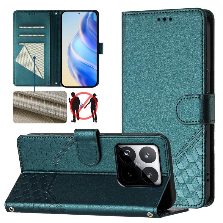 

For Xiaomi 15T 5G Honeycomb Embossing RFID Leather Phone Case(Peacock Green)