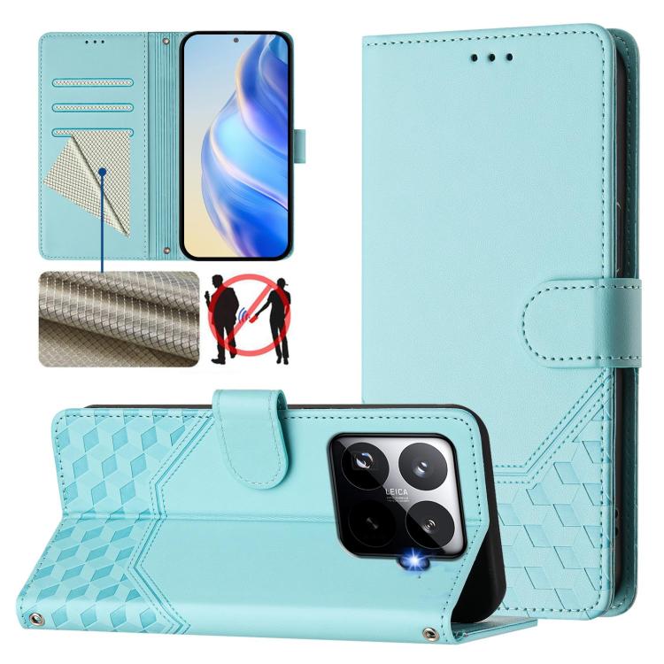 

For Xiaomi 15T Pro 5G Honeycomb Embossing RFID Leather Phone Case(Mint Green)