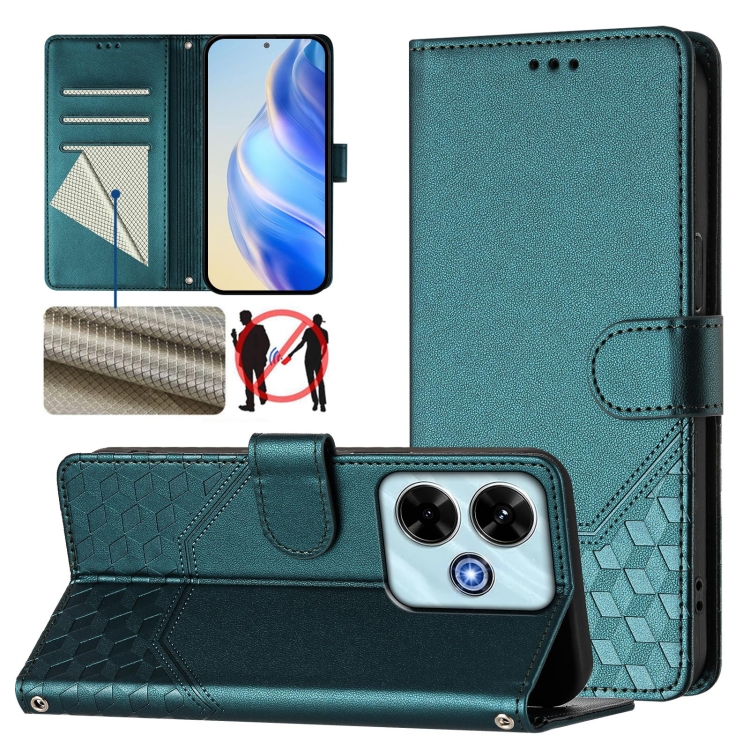 

For Redmi 13 5G / 4G Global Honeycomb Embossing RFID Leather Phone Case(Peacock Green)