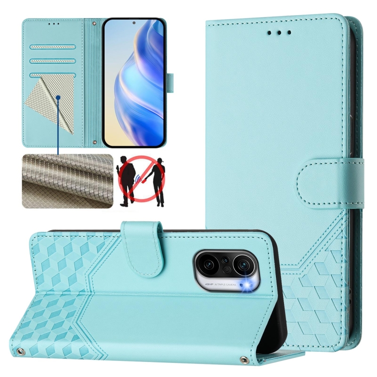 

For Redmi K40 / K40 Pro Honeycomb Embossing RFID Leather Phone Case(Mint Green)
