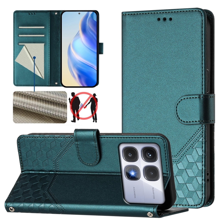 

For Redmi K70 Ultra 5G Honeycomb Embossing RFID Leather Phone Case(Peacock Green)