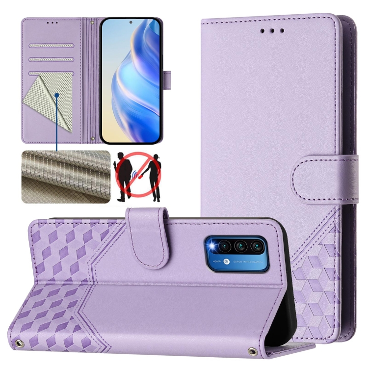 

For Redmi 9T Global Honeycomb Embossing RFID Leather Phone Case(Light Purple)