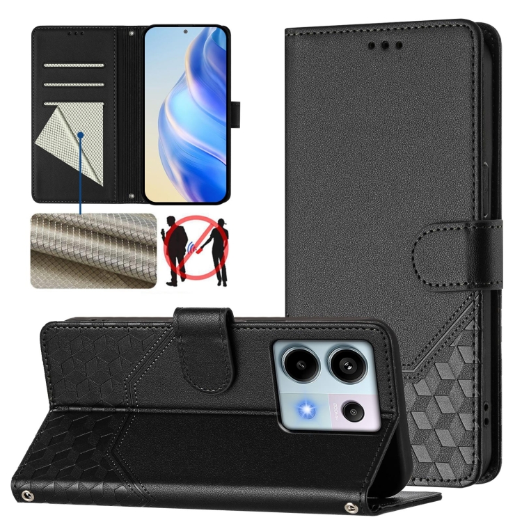 

For Redmi Note 13 Pro 5G Global Honeycomb Embossing RFID Leather Phone Case(Black)