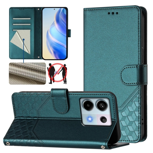 

For Redmi Note 13 Pro 5G Global Honeycomb Embossing RFID Leather Phone Case(Peacock Green)