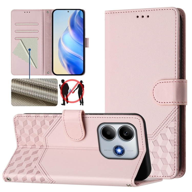 

For Redmi Note 14 5G Honeycomb Embossing RFID Leather Phone Case(Pink)