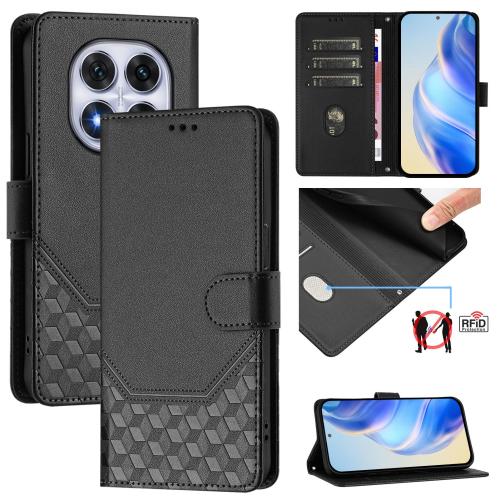 

For Redmi Note 14 Pro 4G Honeycomb Embossing RFID Leather Phone Case(Black)