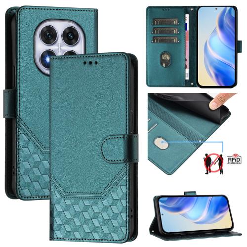 

For Redmi Note 14 Pro 4G Honeycomb Embossing RFID Leather Phone Case(Peacock Green)