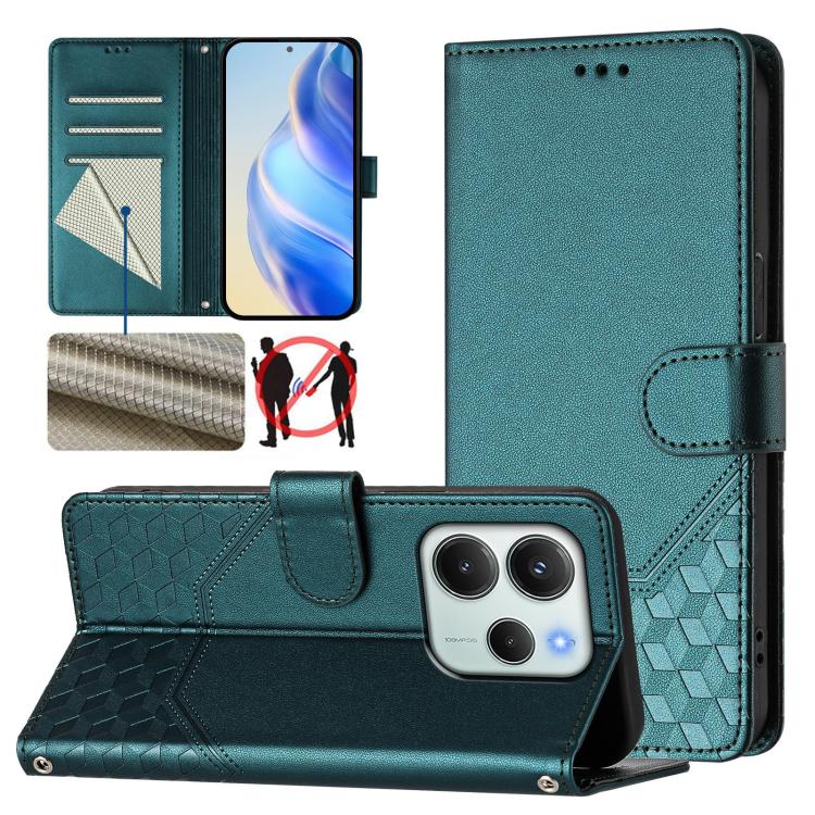 

For Redmi Note 14 4G 164.84mm EU Version Honeycomb Embossing RFID Leather Phone Case(Peacock Green)