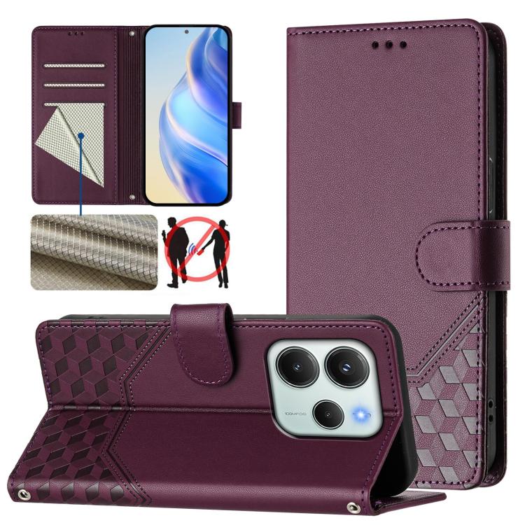

For Redmi Note 14 4G 164.84mm EU Version Honeycomb Embossing RFID Leather Phone Case(Violet)