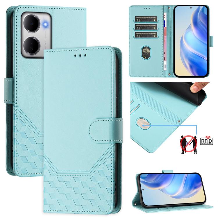 For Redmi 15a 5G Honeycomb Embossing RFID Leather Phone Case(Mint Green)