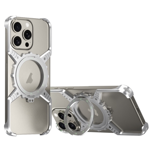 

For iPhone 16 Pro Mechanical Gear MagSafe Holder Borderless Metal Phone Case(Silver)