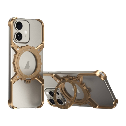 

For iPhone 16 Mechanical Gear MagSafe Holder Borderless Metal Phone Case(Gold)