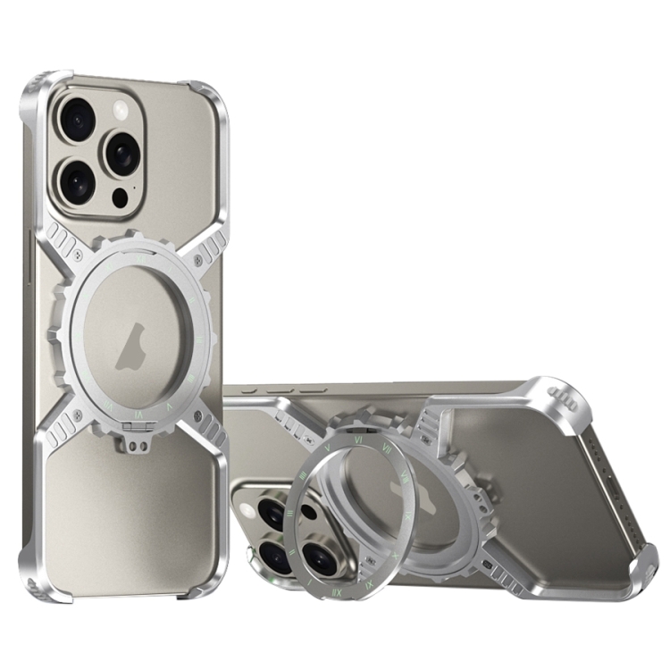 

For iPhone 16 Plus / 15 Pro Max Mechanical Gear MagSafe Holder Borderless Metal Phone Case(Silver)