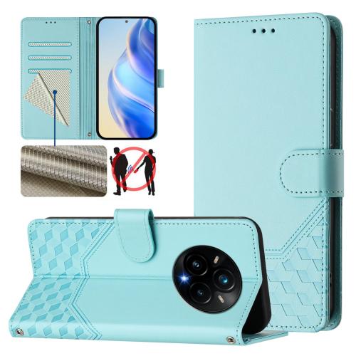 

For Realme 14 Pro+ 5G Honeycomb Embossing RFID Leather Phone Case(Mint Green)