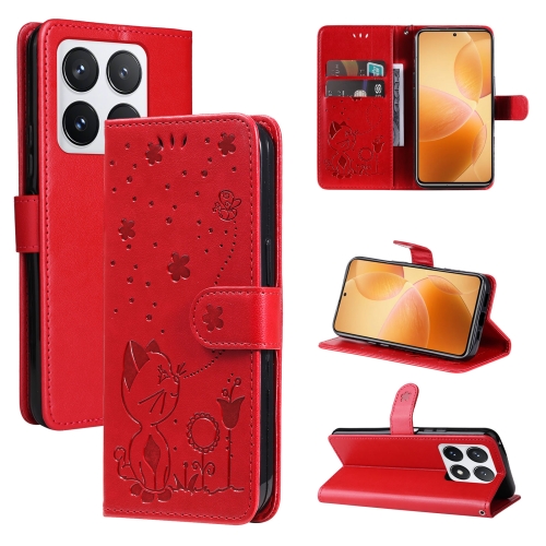 

For Xiaomi 14T Pro Cat and Bee Embossed Flip Leather Phone Case(Red)