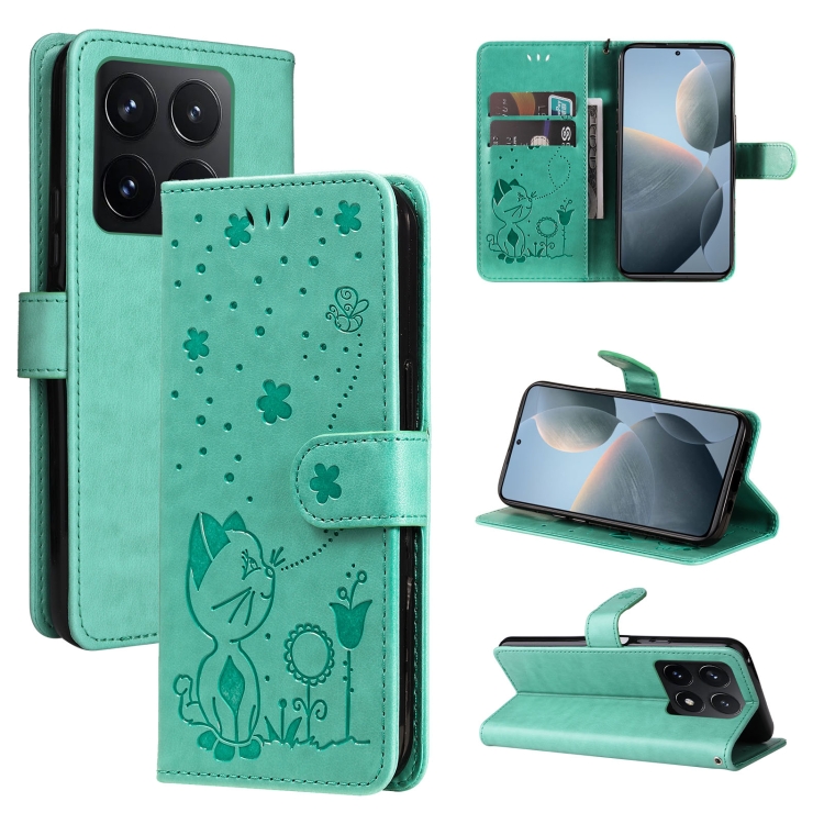

For Xiaomi 14T Cat and Bee Embossed Flip Leather Phone Case(Green)