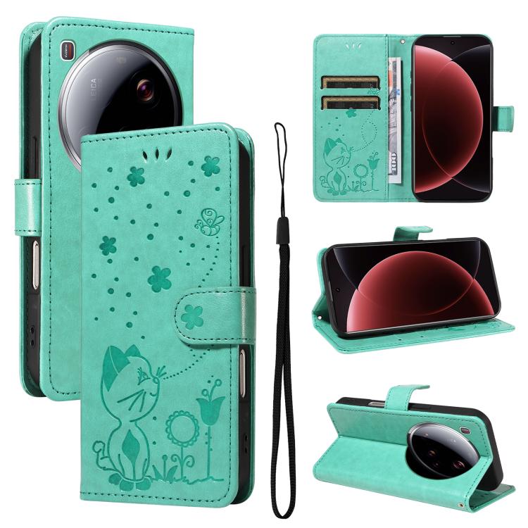 

For Xiaomi 15 Ultra 5G Global Cat and Bee Embossed Flip Leather Phone Case(Green)