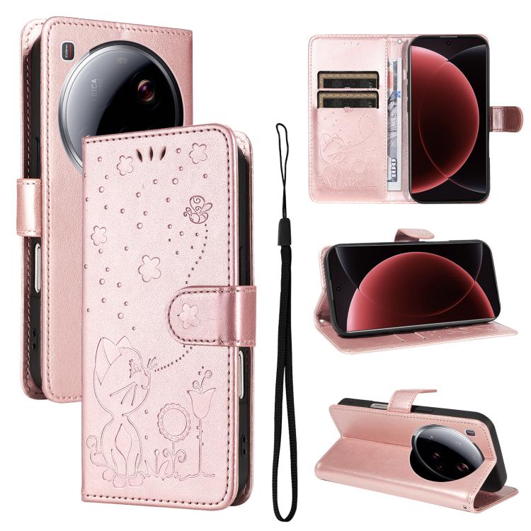 

For Xiaomi 15 Ultra 5G Global Cat and Bee Embossed Flip Leather Phone Case(Rose Gold)
