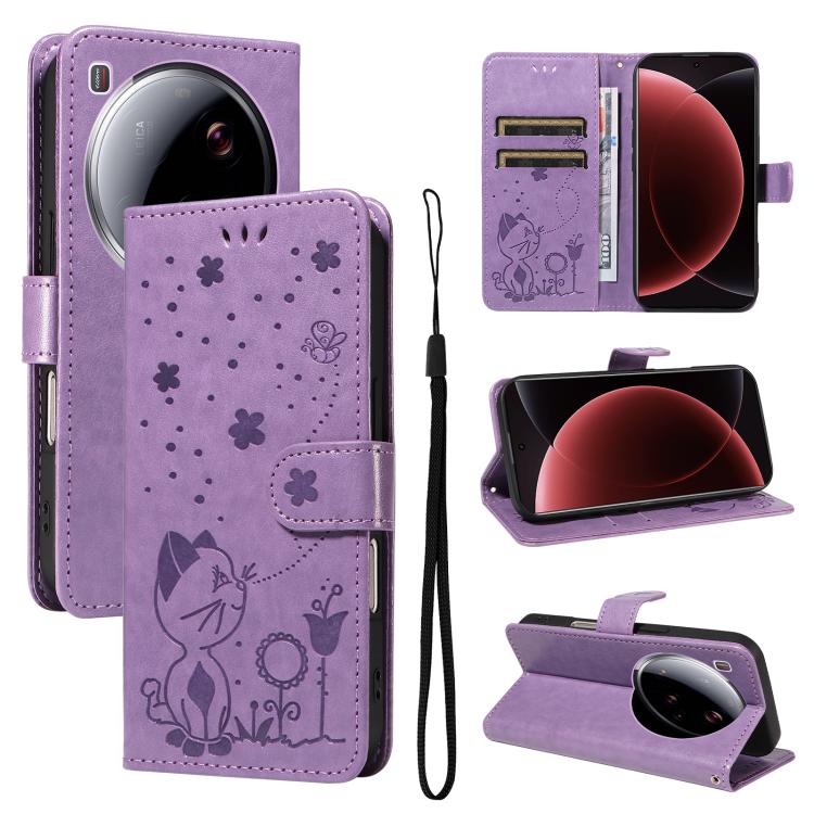 

For Xiaomi 15 Ultra 5G Global Cat and Bee Embossed Flip Leather Phone Case(Purple)