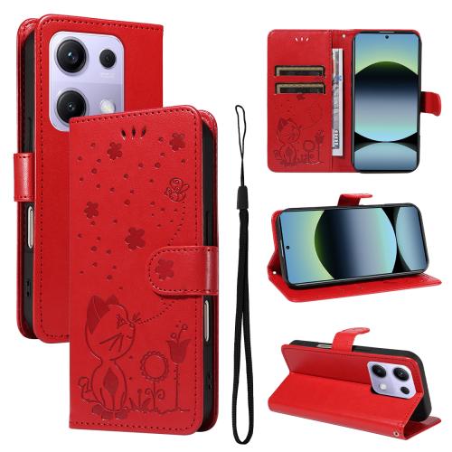 

For Xiaomi Poco M6 Pro 4G Global Cat and Bee Embossed Flip Leather Phone Case(Red)