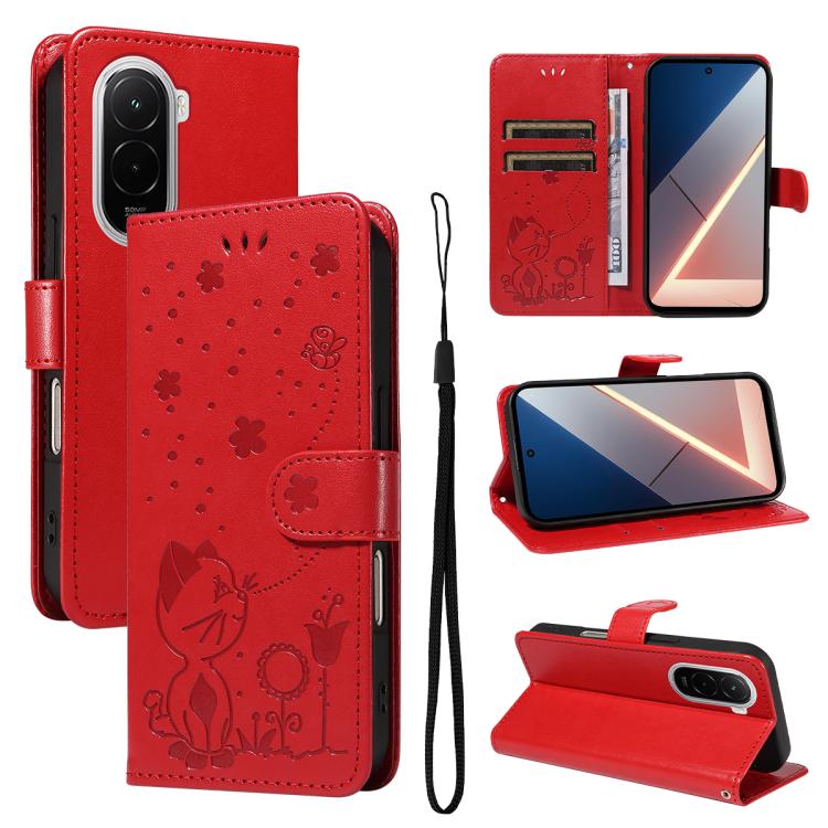 

For Xiaomi Poco M7 4G 169mm Cat and Bee Embossed Flip Leather Phone Case(Red)
