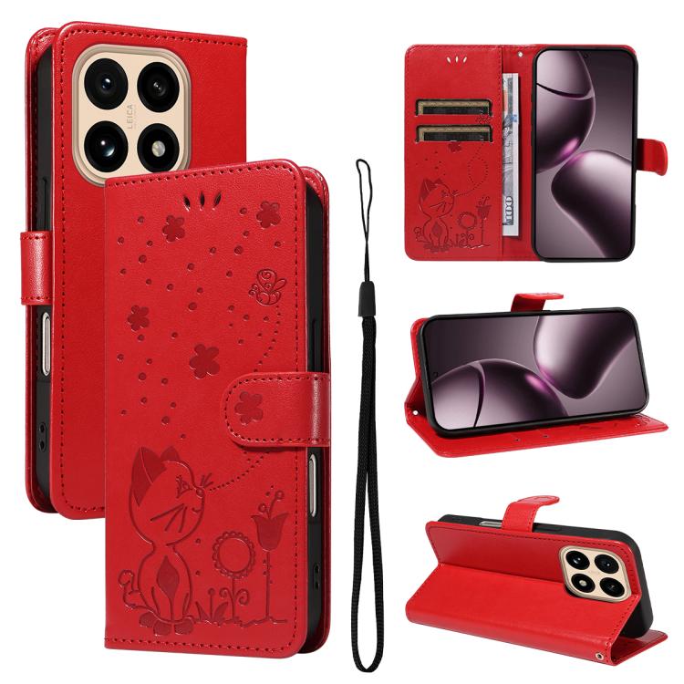 

For Xiaomi 15T 5G Cat and Bee Embossed Flip Leather Phone Case(Red)