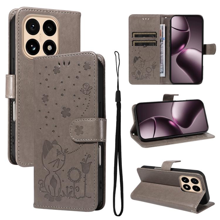 

For Xiaomi 15T 5G Cat and Bee Embossed Flip Leather Phone Case(Grey)