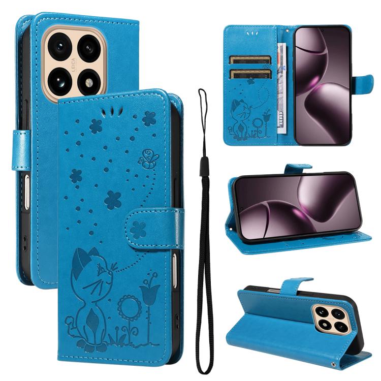 

For Xiaomi 15T 5G Cat and Bee Embossed Flip Leather Phone Case(Blue)