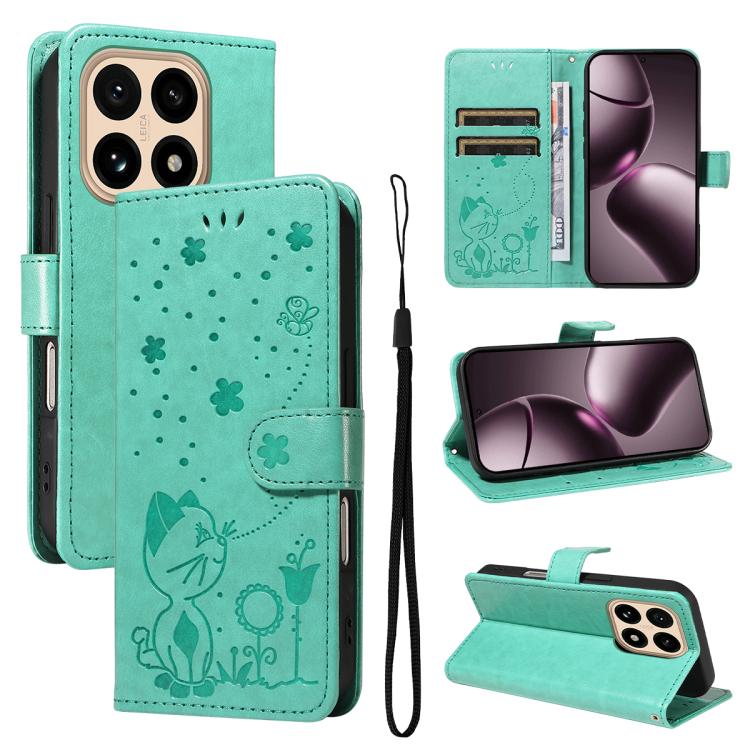 

For Xiaomi 15T 5G Cat and Bee Embossed Flip Leather Phone Case(Green)