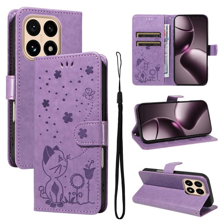 

For Xiaomi 15T 5G Cat and Bee Embossed Flip Leather Phone Case(Purple)