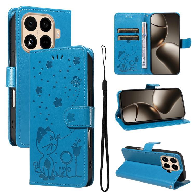 

For Xiaomi 15T Pro 5G Cat and Bee Embossed Flip Leather Phone Case(Blue)