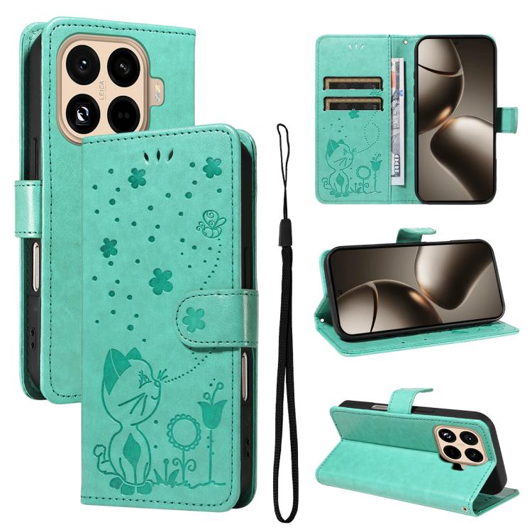 

For Xiaomi 15T Pro 5G Cat and Bee Embossed Flip Leather Phone Case(Green)