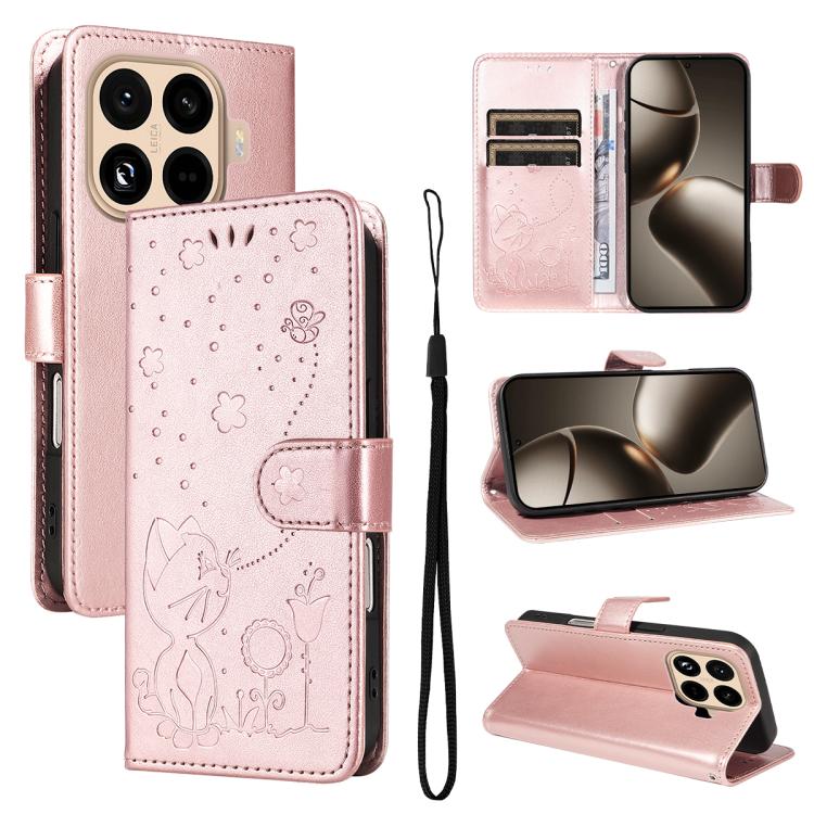 

For Xiaomi 15T Pro 5G Cat and Bee Embossed Flip Leather Phone Case(Rose Gold)