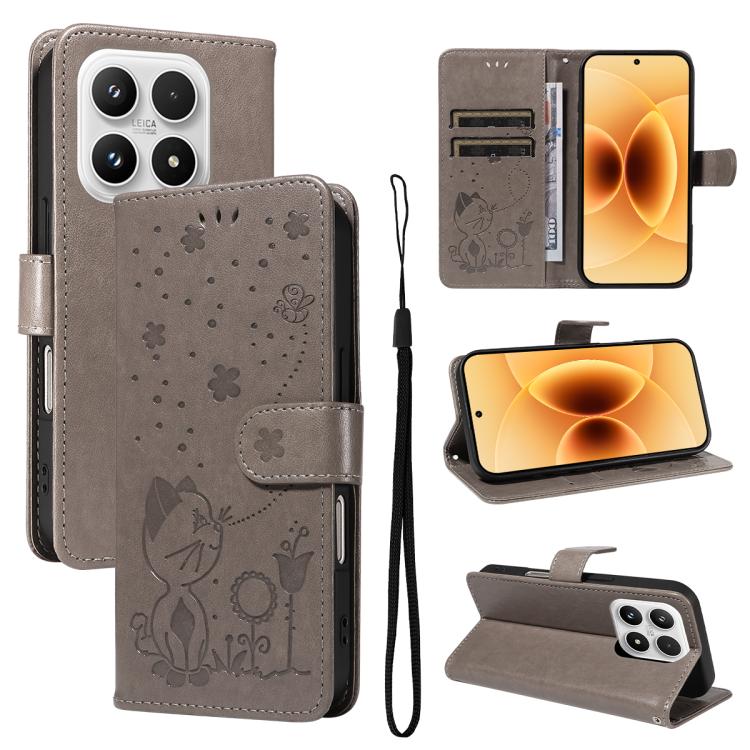 

For Xiaomi 17 Cat and Bee Embossed Flip Leather Phone Case(Grey)