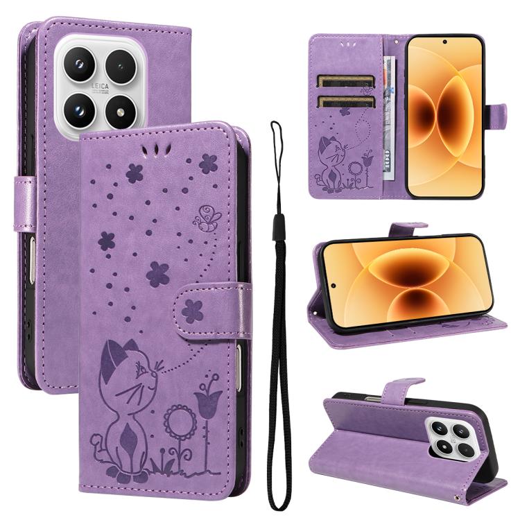 

For Xiaomi 17 Cat and Bee Embossed Flip Leather Phone Case(Purple)