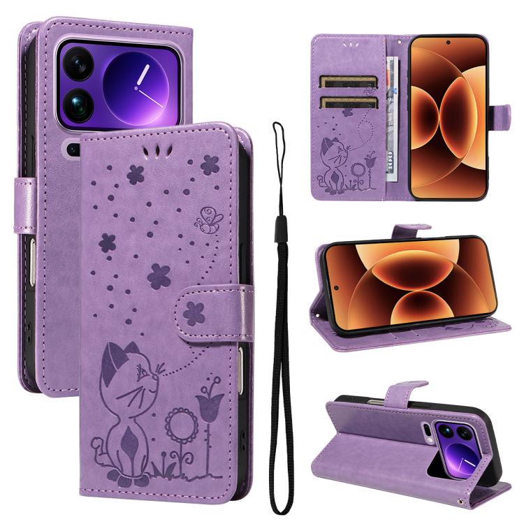 

For Xiaomi 17 Pro Max Cat and Bee Embossed Flip Leather Phone Case(Purple)