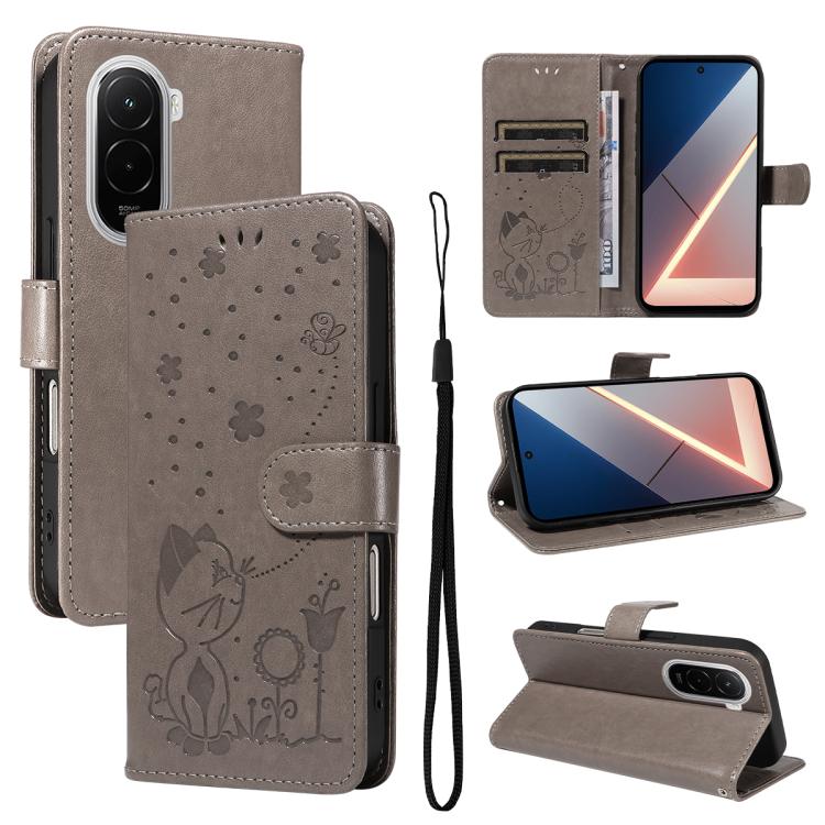 

For Xiaomi Poco M7 4G 171mm Cat and Bee Embossed Flip Leather Phone Case(Grey)