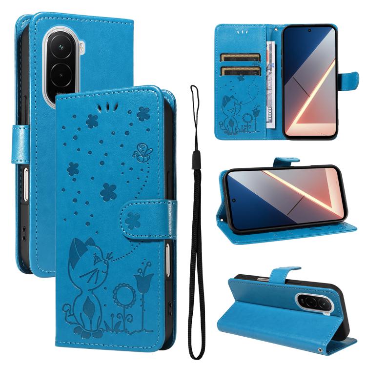 

For Xiaomi Poco M7 4G 171mm Cat and Bee Embossed Flip Leather Phone Case(Blue)