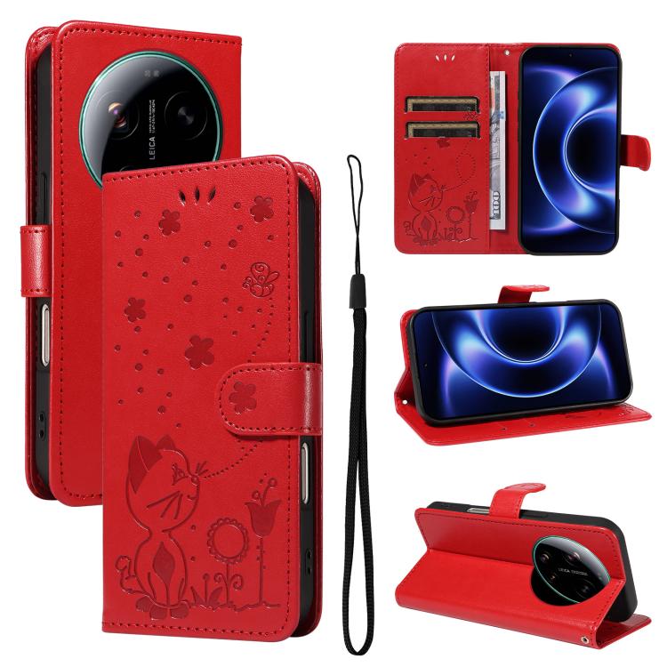

For Xiaomi 17 Ultra Cat and Bee Embossed Flip Leather Phone Case(Red)