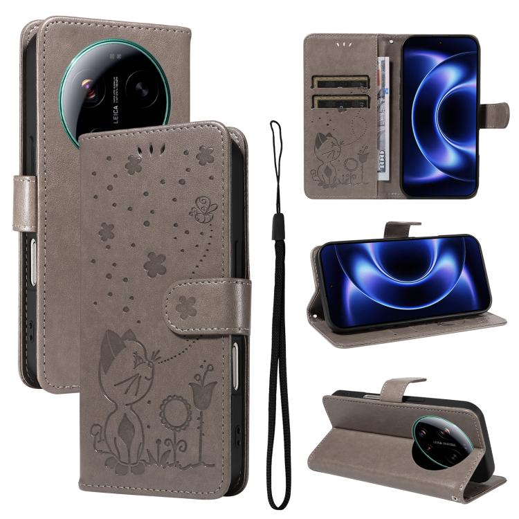 

For Xiaomi 17 Ultra Cat and Bee Embossed Flip Leather Phone Case(Grey)